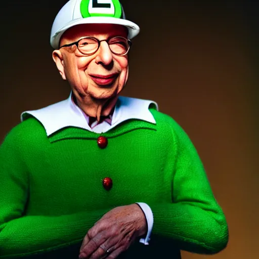 Image similar to uhd candid photo of hyperdetailed klaus schwab dressed as luigi. correct face, cinematic lighting, photo by annie leibowitz, and steve mccurry.