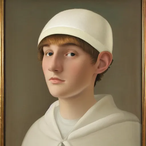 Prompt: tall white 1 6 years old teenager wearing a hat. the hat is made out of white wool and covers his entire head except for his face, and also has little bumps on the top at both sides that resemble bear ears. ¾ face angle portrait, royal portrait painting, oil painting, highly detailed, realistic face, self - satisfied smirk