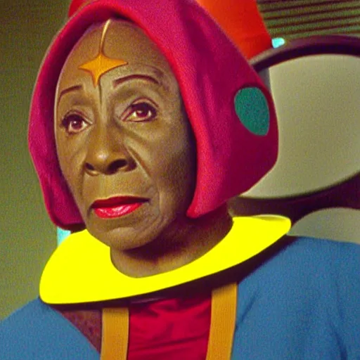 Image similar to guinan from star trek wearing random colored circles and shapes and angles on her head on the starship enterprise