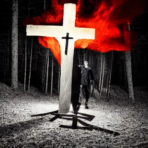 Image similar to robert lewandowski in front of a burning christian cross, night, forest, dark, black