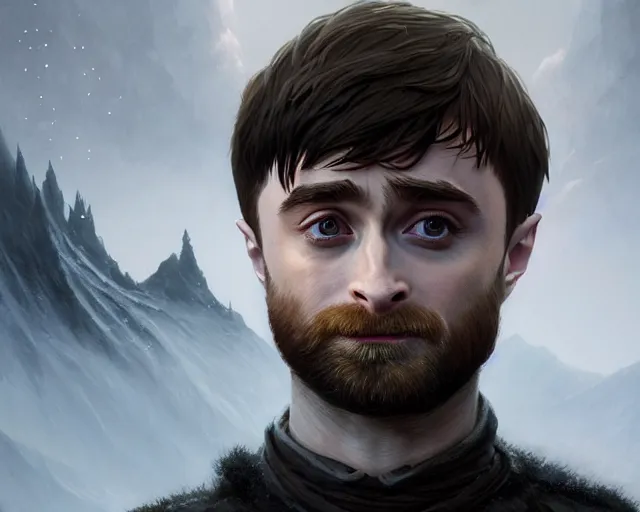 Image similar to highly detailed portrait of daniel radcliffe as a fantasy bald elf mage, in skyrim, stephen bliss, unreal engine, fantasy art by greg rutkowski, loish, rhads, ferdinand knab, makoto shinkai and lois van baarle, ilya kuvshinov, rossdraws, tom bagshaw, global illumination, radiant light, detailed and intricate environment