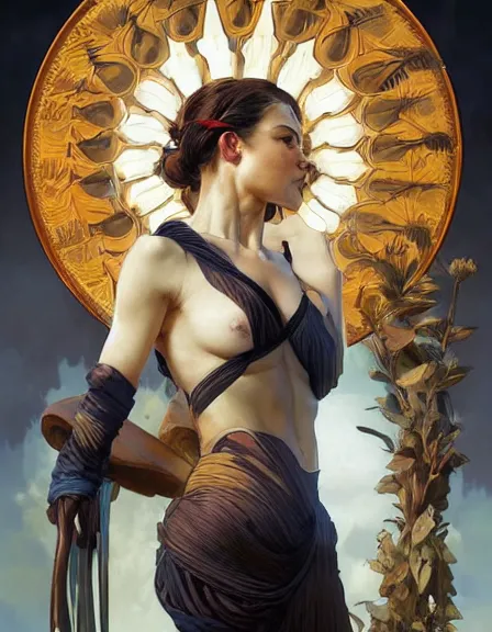 Image similar to climate change personified. sun, summer, strength, knowledge, portrait, symmetrical, highly detailed, digital painting, artstation, smooth, sharp focus, illustration, strength, art by artgerm and greg rutkowski and alphonse mucha and louis theophile hingre