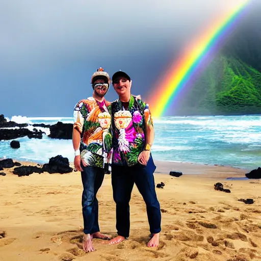 Prompt: two guys in hawaii, sick with covid on the beach, with a rainbow, photograph