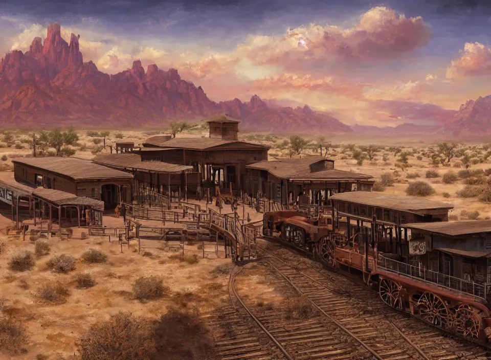 Image similar to a train station as the period of the wild west concept art, historical setting, desert environment, serene lighting, atmospheric, cinematic, gorgeous, in the style of diego koi, gina heyer, luiz escanuela, art by alyssa monk, hyperrealism, rule of thirds, golden ratio, oil on canvas, 8 k