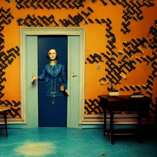 Image similar to a black nightmare in a blue and gold haunted liminal abandoned room, film still by wes anderson, limited color palette, very intricate, art nouveau, highly detailed, strong lights, liminal, eerie, bright pastel colors