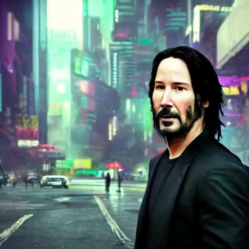 Prompt: high quality photo of Keanu Reeves in a cyberpunk cyberpunk cyberpunk city, realism, 8k, award winning photo