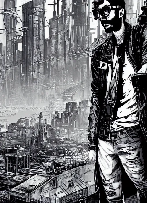 Image similar to dangerous Ezra. smug cyberpunk hacker with a beard and cyberpunk eyepiece. attractive face. Realistic Proportions. Concept art by James Gurney and Laurie Greasley. Moody Industrial skyline. ArtstationHQ. Creative character design for cyberpunk 2077.