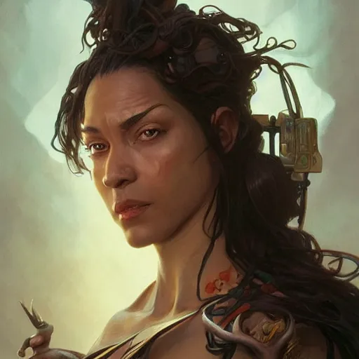 Image similar to beautiful, very strong, mixed race, female, aged 4 0, face, no makeup, head shot, fantasy, highly detailed, digital painting, artstation, concept art, smooth, sharp focus, illustration, art by brom and greg rutkowski and alphonse mucha