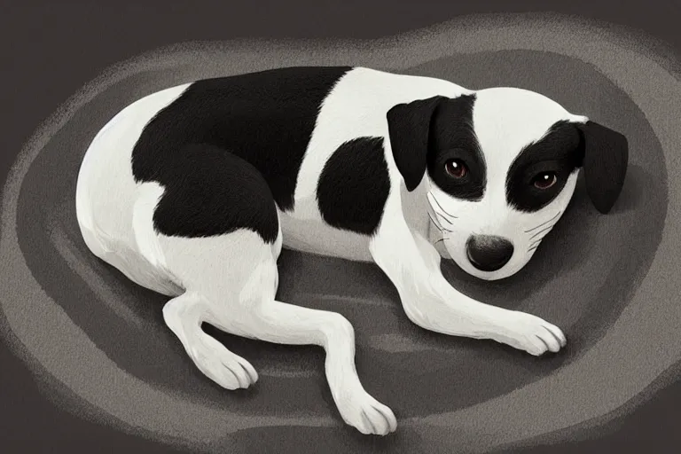 Image similar to cute black and white jack russel terrier laying on dog bed, large round eyes, concept art, matte painting, fantasy illustration, by victo ngai and diego gisbert llorens