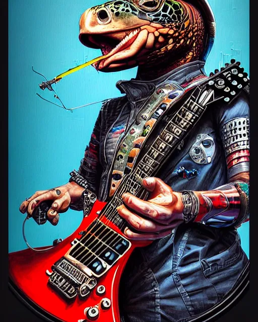 Image similar to a portrait of an anthropomorphic cyberpunk turtle shredding an electric guitar by sandra chevrier, by jon foster, detailed render, tape deck, epic composition, cybernetics, 4 k realistic, cryengine, realistic shaded lighting, sharp focus, masterpiece, by enki bilal