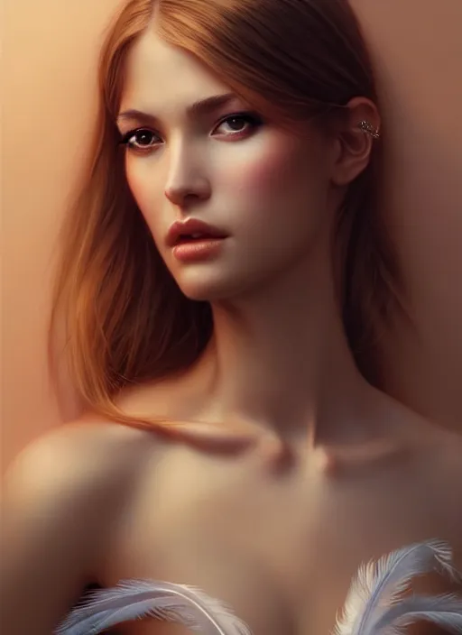 Image similar to a gorgeous female photo, professionally retouched, soft lighting, wearing a feather dress, realistic, smooth face, perfect eyes, wide angle, sharp focus on eyes, 8 k high definition, insanely detailed, intricate, elegant, art by artgerm and greg rutkowski