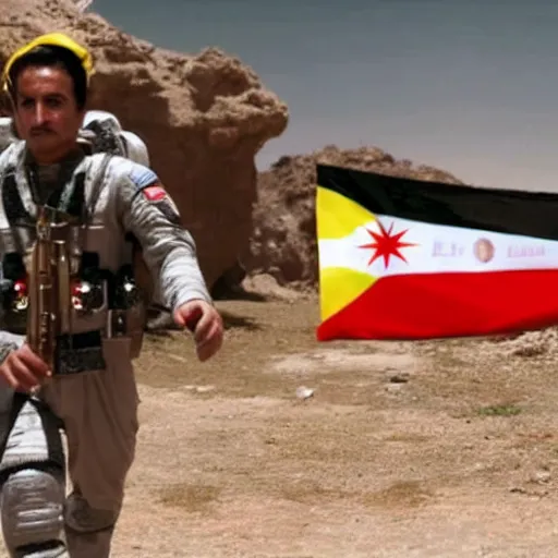 Image similar to kurdish astronaut holding a iraqi kurdistan flag in a movie directed by christopher nolan, movie still frame, promotional image, imax 7 0 mm footage