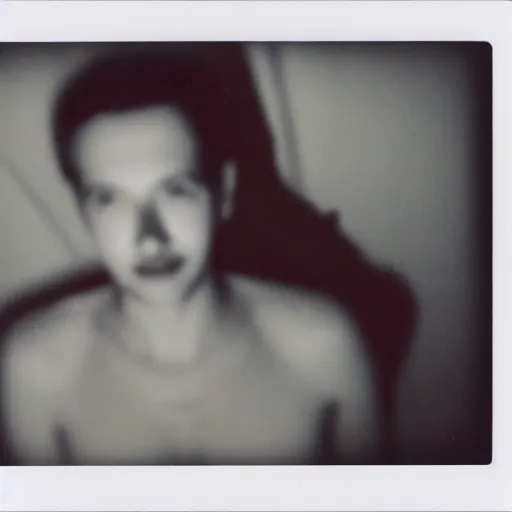 Prompt: Polaroid photography of a pale smiling face floating ominously at the end of a bed