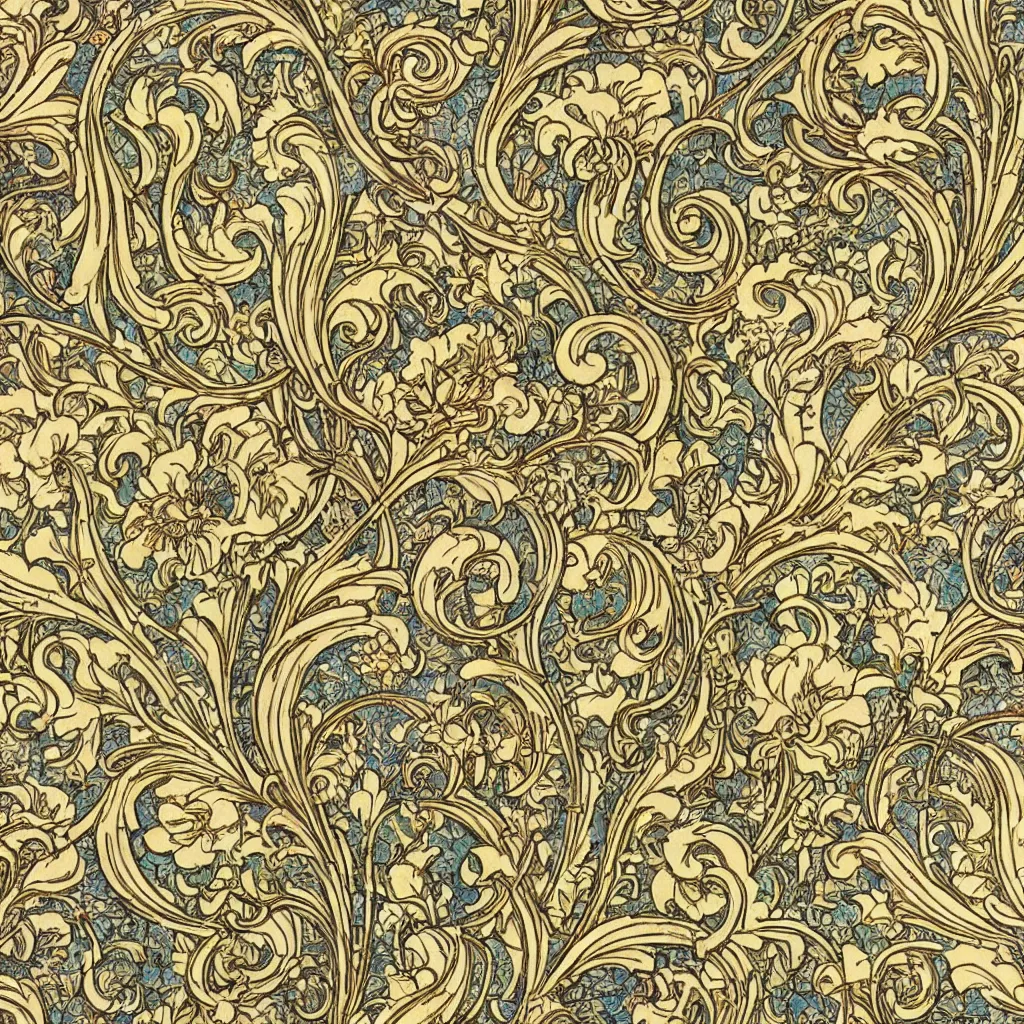 Prompt: a perfectly repeating Art Nouveau pattern, highly detailed by Walter Crane, rococo flowers, gold leaf detailing