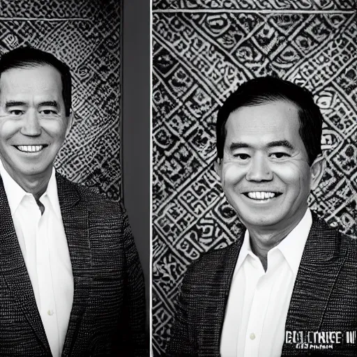 Image similar to A Photo Portrait of Joe Biden Wearing Indonesian Batik Tulis at a fancy Balinese restaurant, award winning photography, sigma 85mm Lens F/1.4, blurred background, perfect faces