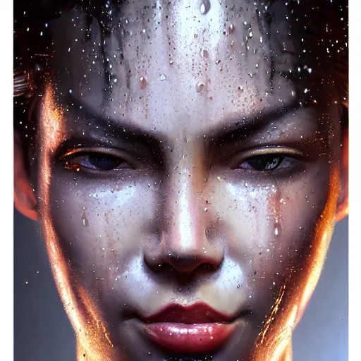 Image similar to closeup of sweating forehead with sweat on it, big drops of sweat, big beads of sweat, sweat drops, airbrush painting, forehead only, by Hajime Sorayama, trending on artstation, beautiful lighting, sharp, details, hyper-detailed, HD, HDR, 4K, 8K