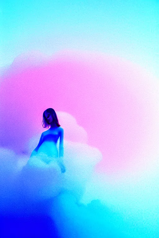 Image similar to high quality pastel coloured film close up wide angle photograph of a model wearing clothing swimming on cloud furniture in a icelandic black rock!! environment in a partially haze filled dreamstate world. three point light, rainbow. photographic production. art directed. pastel colours. volumetric clouds. pastel gradient overlay. waves glitch artefacts. extreme facial clarity. 8 k. filmic.