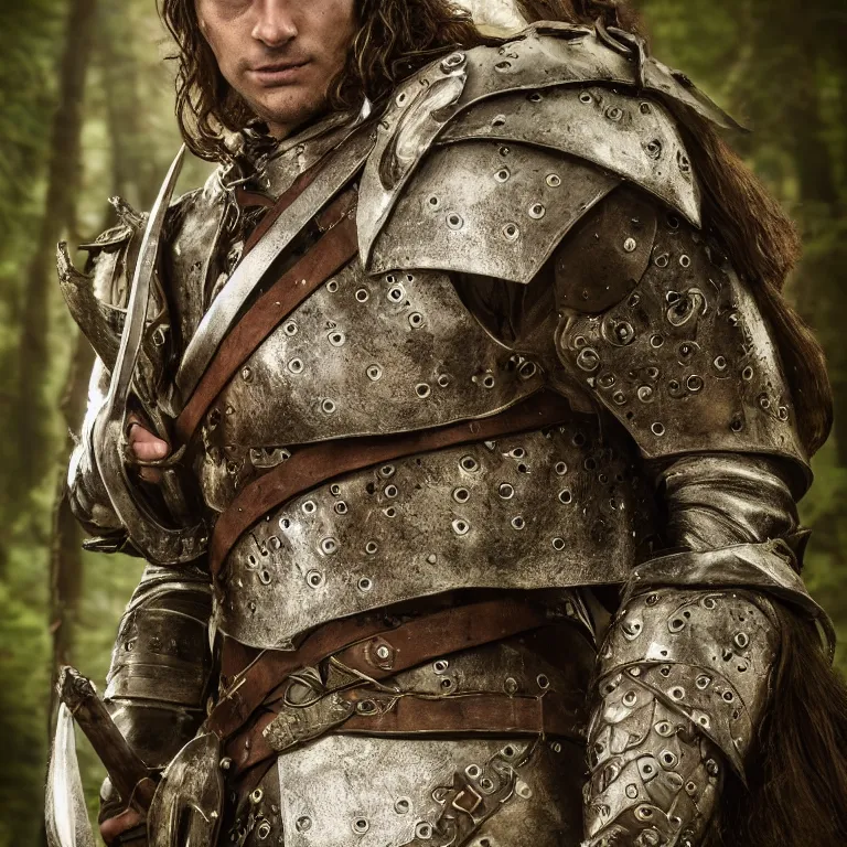 Prompt: 5 5 mm portrait photo of an armored handsome well - built male warrior, in a magical forest in the style of lord of the rings, highly detailed 8 k. intricate. lifelike. soft light. nikon d 8 5 0. cinematic post - processing