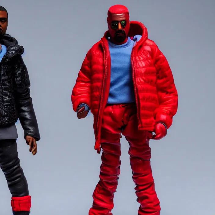 Image similar to a action figure of kanye west using full face - covering mask with small holes. a small, tight, undersized reflective bright red round puffer jacket made of nylon. a shirt underneath. red jeans pants made of nylon. a pair of red shoes, figurine, detailed product photo, 4 k, realistic, acton figure, studio lighting, professional photo