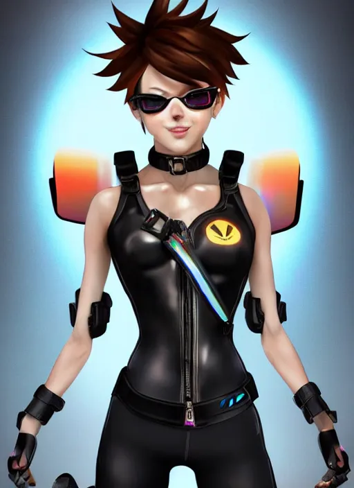 Image similar to full body digital artwork of tracer overwatch, wearing black iridescent rainbow latex tank top, 4 k, expressive happy smug expression, makeup, in style of mark arian, wearing detailed black leather collar, wearing chains, black leather harness, leather cuffs around wrists, detailed face and eyes,