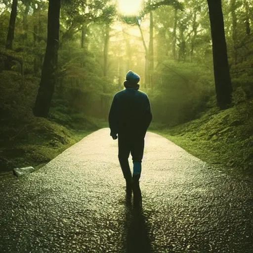 Image similar to 1 9 9 0 s candid 3 5 mm photo of a beautiful forest in tokyo, cinematic lighting, cinematic look, golden hour, the clouds are epic and colorful with cinematic rays of light, a man walks down the center of the forest with a beanie on, photographed by petra collins, uhd