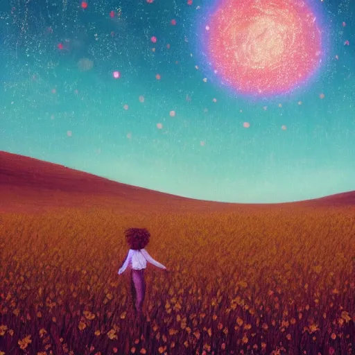 Image similar to giant daisy flower as a head, girl walking in wheat field, hills, surreal photography, moon light, dark night, star trails, dramatic light, impressionist painting, clouds, digital painting, artstation, simon stalenhag