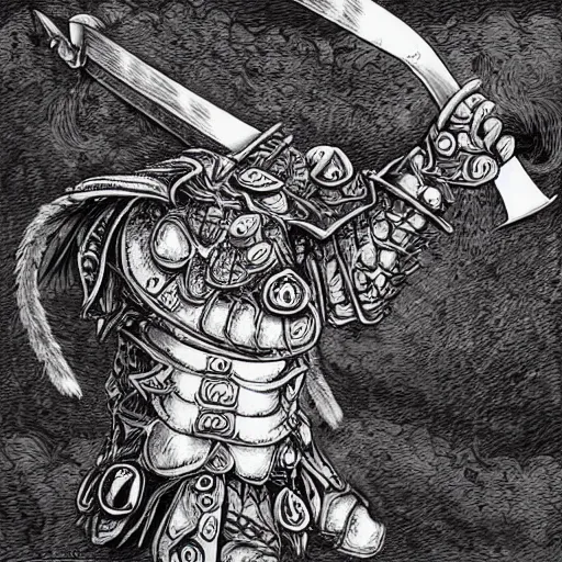 Image similar to intricate detailed burger armor warrior with huge fork weapon, dark fantasy art by kentaro miura