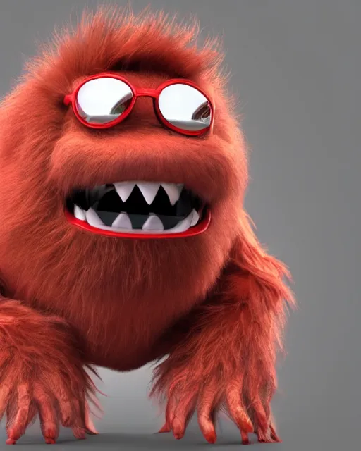 Image similar to 3 d render of completely red hairy friendly antropomorphic cartoony creature wearing chrome shades, similar to jake sully, without nose, full body, simple, cute, white background, unreal engine 5, octane render, highly detailed hdr