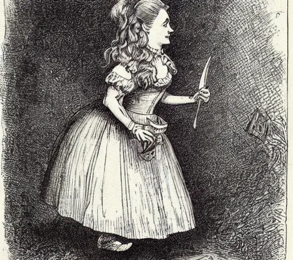 Image similar to Tenniel illustration portrait of Alice, walking in wonderland