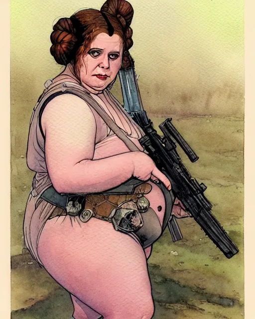 Image similar to a realistic and atmospheric watercolour fantasy character concept art portrait of a fat, chibi princess leia with pink eyes wearing a wife beater and holding a gun. by rebecca guay, michael kaluta, charles vess and jean moebius giraud