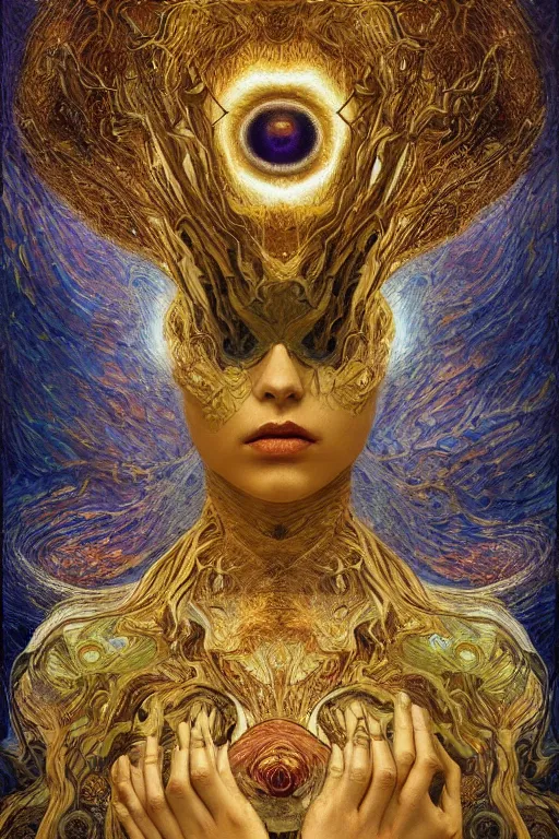 Prompt: Intermittent Chance of Chaos Muse by Karol Bak, Jean Deville, Gustav Klimt, and Vincent Van Gogh, beautiful surreal portrait, enigma, destiny, fate, inspiration, muse, otherworldly, fractal structures, arcane, ornate gilded medieval icon, third eye, spirals