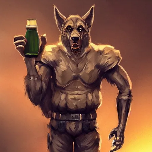 Image similar to a humanoid german shepherd beast - man in military style, holding a bottle of beer, artstation, concept art, smooth, sharp foccus ilustration, artstation