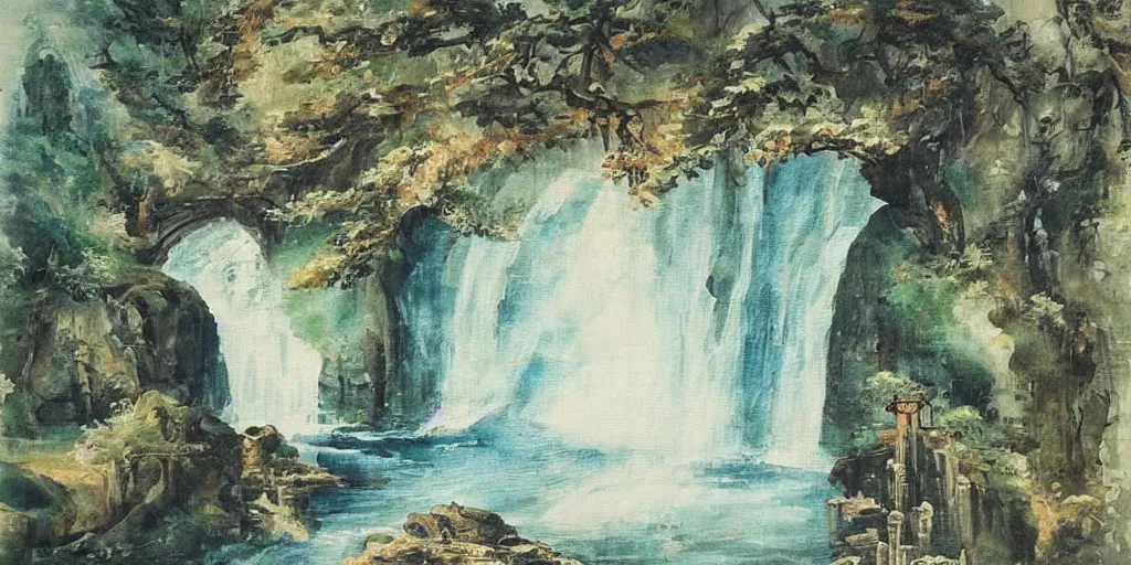 Prompt: “ large ancient gate in the middle of water fall, oil painting, masterpiece, chinese water color, aesthetic ”