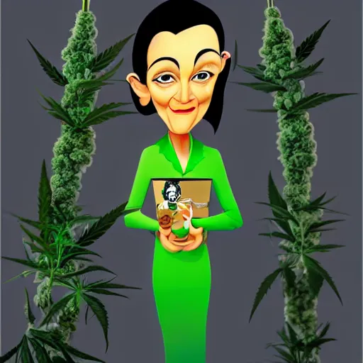 Image similar to cartoon caricature portrait of a cannabis themed character. octane 4 k render by eyvind earle, female australian award winning political comedy illustration