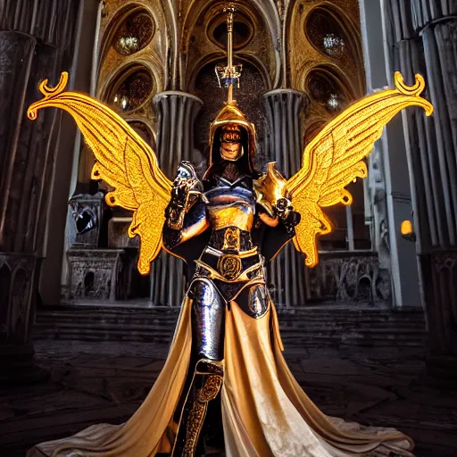 Prompt: female Knights of Zodiac , wings, ornate cyberpunk armor, ornate cyberpunk interior, ruins, cyberpunk cathedral, fighting at ancinet Agora of Athens,Golden Light, Cathedral, 8K, trending on artstation, volumetric light, lightrays, smoke, cinematic, atmospheric, insanely detailed and intricate, hypermaximalist, elegant, ornate, luxury, elite, painted by artstation, super detailed, face details trending on artbreeder, golden ratio