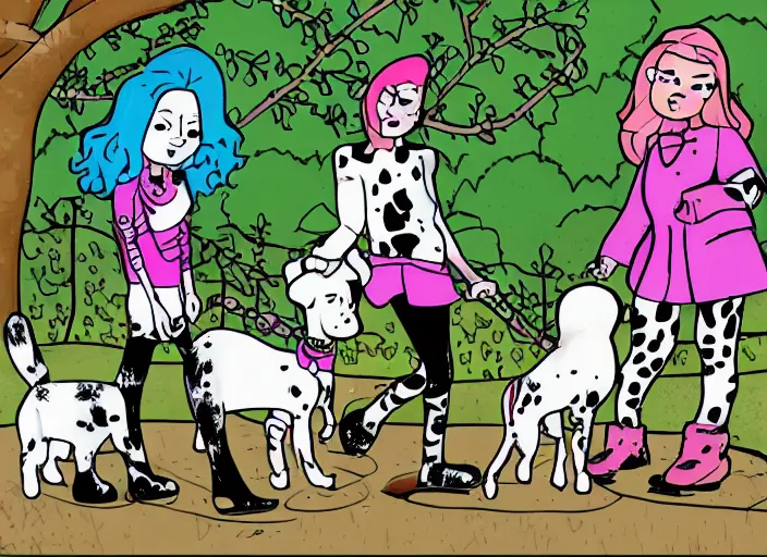 Image similar to punk girl and duchess with a dalmatian piglet in a park. comic style