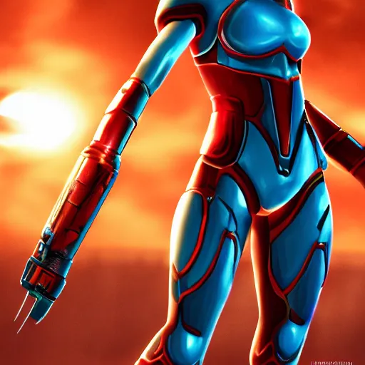 Image similar to natalie portman in the suit of Samus Aran from Metroid. She is fighting darth vader next to the Sun. Very emotional. Ultra high quality, very detailed. 8k. Trending on art station