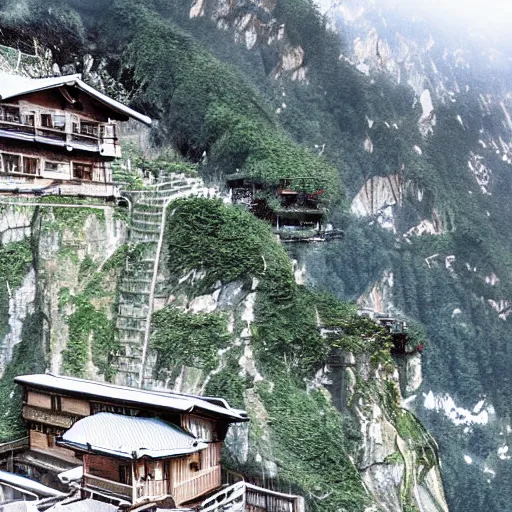 Image similar to a beautiful alpine lodge sitting precariously atop the side of a jutting cliffside, painted by yoshitaka amano