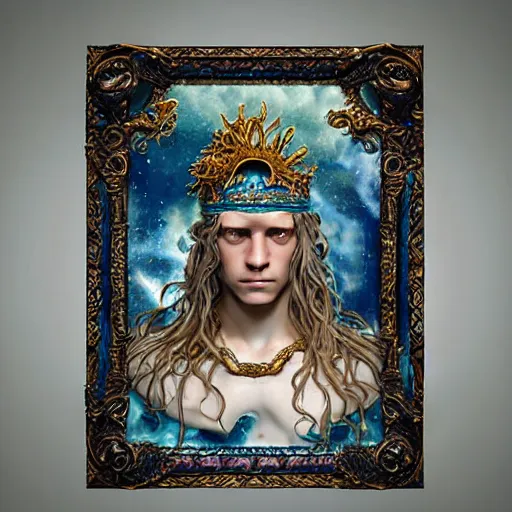 Image similar to portrait of poseidon king of the ocean made with porcelain by Jeff Easley and Peter Elson + beautiful eyes, beautiful face + symmetry face + border and embellishments inspiried by alphonse mucha, fractals in the background, galaxy + baroque, gothic, surreal + highly detailed, intricate complexity, epic composition, magical atmosphere + masterpiece, award winning + trending on artstation