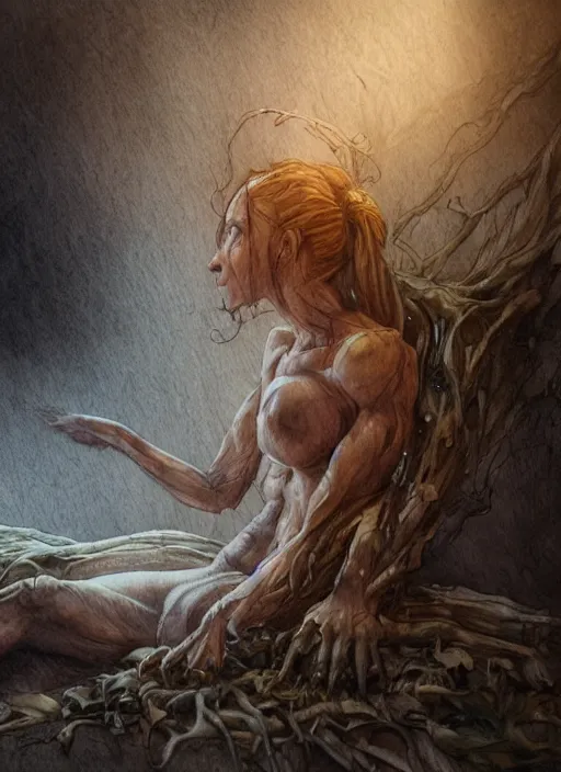 Image similar to portrait, A wood nymph laying on a bed next to groot, watercolor, dramatic lighting, cinematic, establishing shot, extremely high detail, foto realistic, cinematic lighting, pen and ink, intricate line drawings, by Yoshitaka Amano, Ruan Jia, Kentaro Miura, Artgerm, post processed, concept art, artstation, matte painting, style by eddie mendoza, raphael lacoste, alex ross