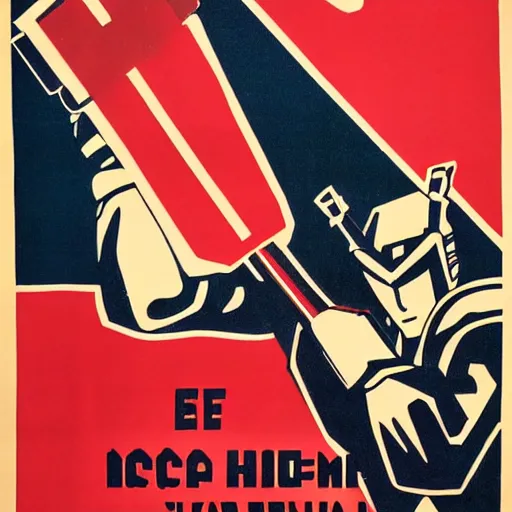 Image similar to detailed soviet propaganda poster of a gundam holding a pickaxe