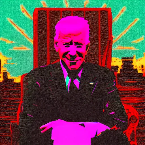 Image similar to joe biden sitting on a dark throne with red glowing eyes in vaporwave style by mad dog jones