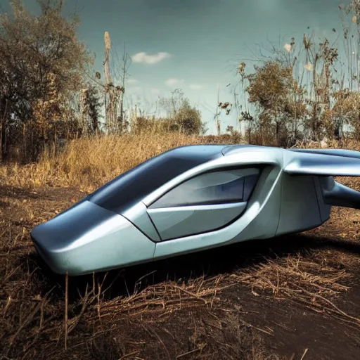 Image similar to a futuristic flying car floating through an overgrown abandoned city