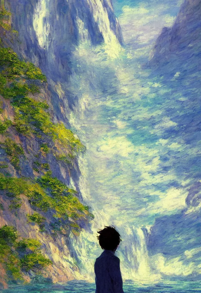 Prompt: tiny businessman wearing a cape in front of a japanese city in the mountain surrounded by waterfall. cyberpunk, boats flying. beautiful blue sky. gorgeous epic nature, lofi, vivid colors, amazing light, by jeremy lipkin, by claude monet, heavily inspired by makoto shinkai, inspired by ghibli, masterpiece, multiple brush strokes, impressionist style