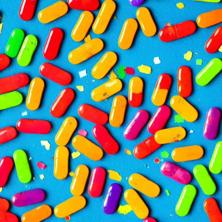 Prompt: acid color painting in a vibrant color style of a melted nutritional label with pills scattered everywhere