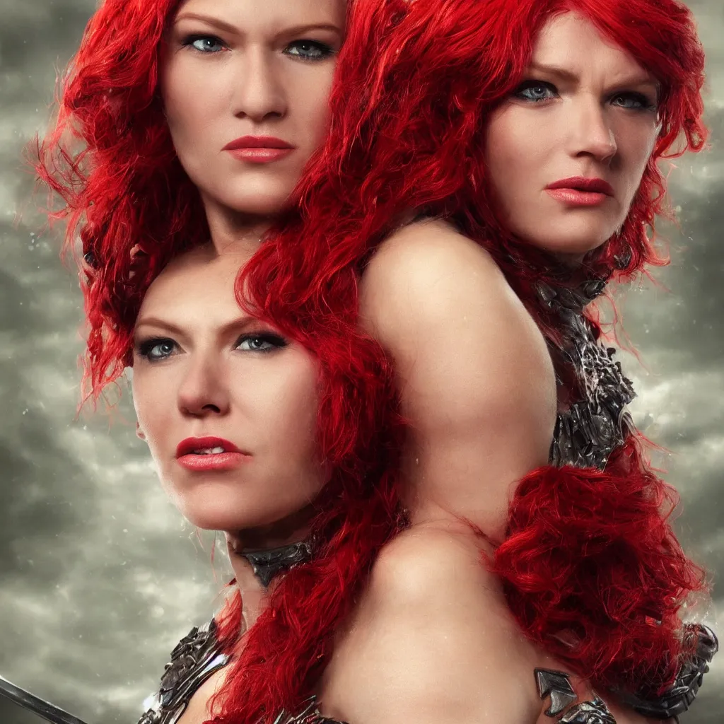 Image similar to hyper realistic photo of red sonja portrait, cinematic