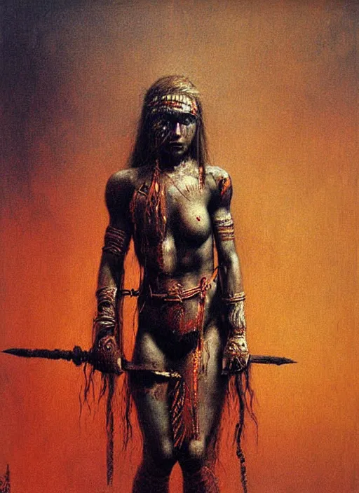 Image similar to barbarian warrior girl in tribal painting by Beksinski