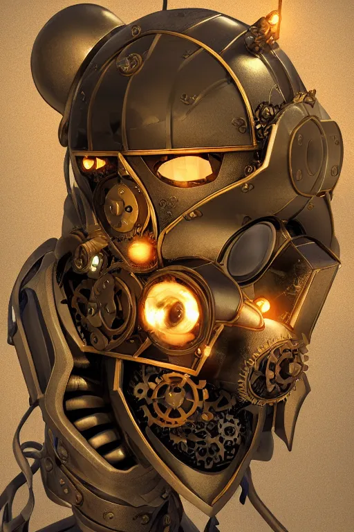 Image similar to steampunk mask minimalist fantasy art robot ninja helmet, global illumination ray tracing hdr fanart arstation by sung choi and eric pfeiffer and gabriel garza and casper konefal radiating a glowing aura