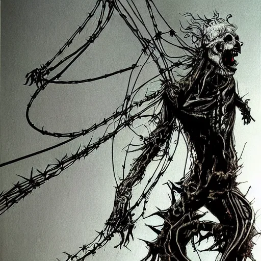 Prompt: demonic cyberpunk ghost rider swinging a barbed wire whip, extremely detailed concept art, terrifying masterpiece, maximalist, full body portrait, black background, horror, by Ralph Steadman, by Giger, by Julie Taymor