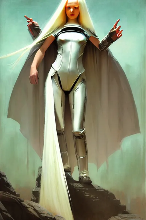 Image similar to pulp scifi fantasy illustration full body android girl, very long white hair, cape, futuristic design, crafting, diy, by norman rockwell, roberto ferri, daniel gerhartz, edd cartier, jack kirby, howard brown, ruan jia, tom lovell, jacob collins, dean cornwell, astounding stories, amazing, fantasy, other worlds